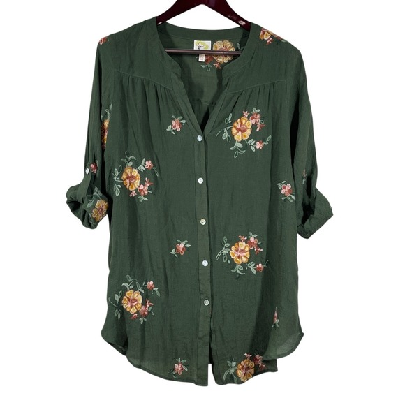 Fig & Flower Embroidered Tunic Top Womens 1X Green Roll Tab Sleeve Boho Prairie - Picture 3 of 8